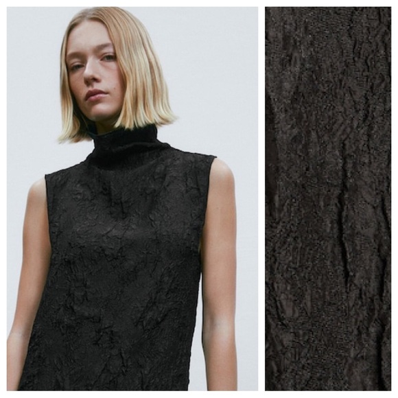NWT Massimo Dutti Black Wrinkled Jacquard Mock Turtleneck Midi Dress. Size S. - Picture 3 of 9